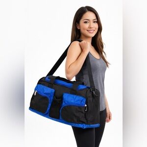 Black & Blue Multi-Pocket Duffel Bag | Travel Gym Carry-On w/ Shoulder Strap